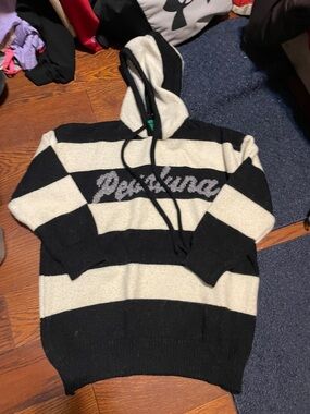 Striped Black and Cream Hooded Crewneck Sweater